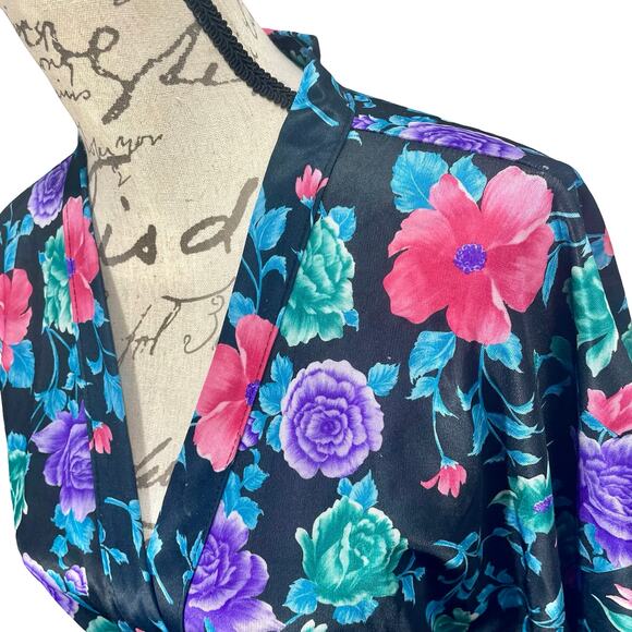Vintage 80s Floral Satin Knee-Length House Robe Size Large - Picture 3 of 8